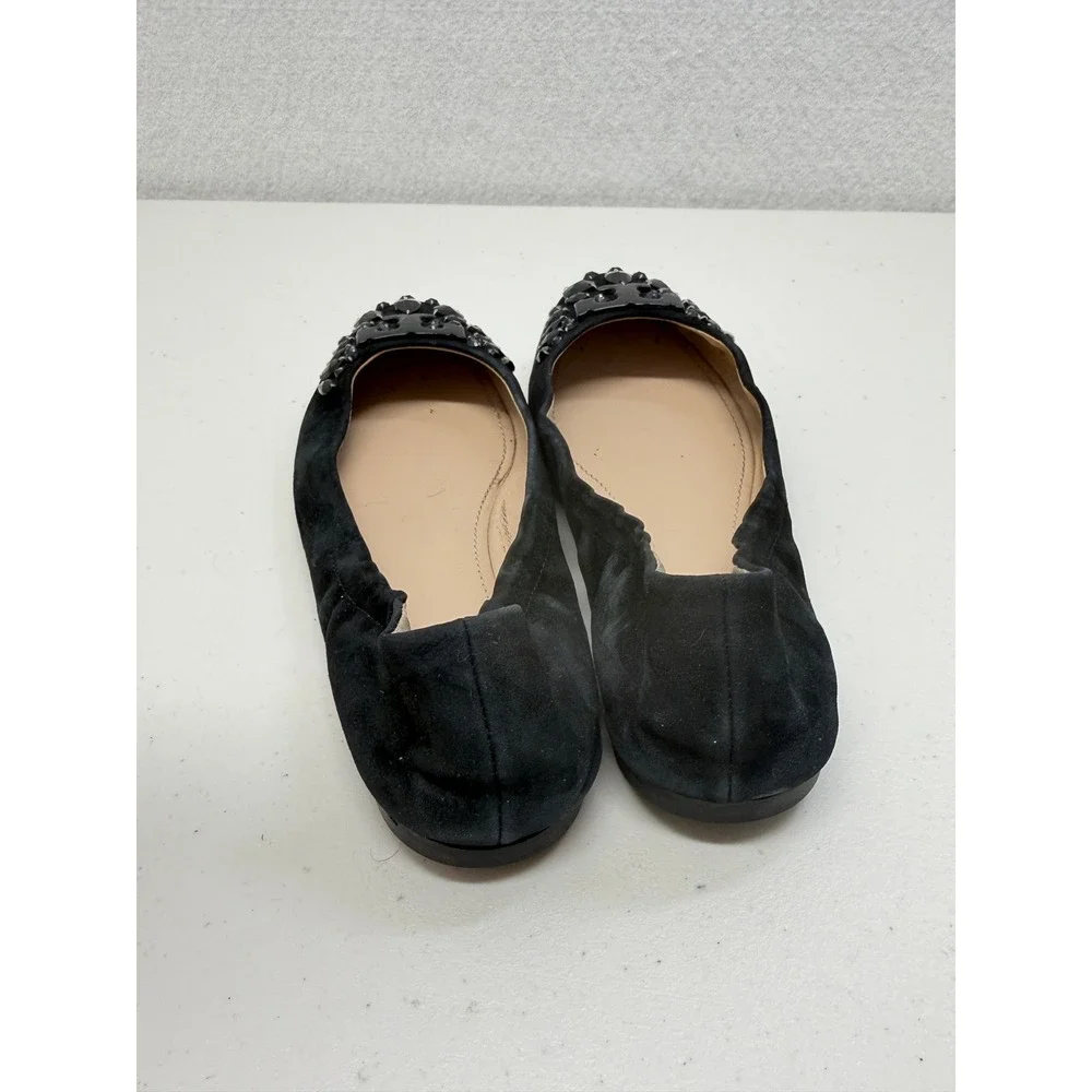 Tory Burch Reva Black Suede Embellished Crystal Logo Ballet Flats Shoes 6.5